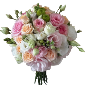 Menyasszonyi csokor pasztell rózsákból (rózsa, angol rózsa, bokros rózsa, frézia, rózsaszín, barack, korall, fehér )