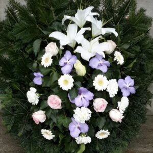 Emlékezés Fénye - Fehér liliom, fehér gerbera, rózsaszín rózsa, lila orchidea Fekvő Koszorú